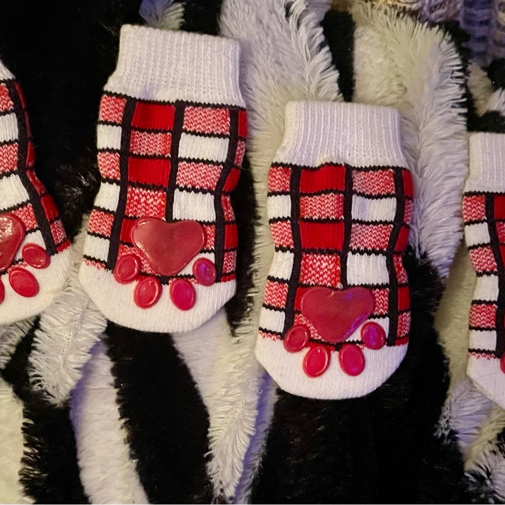More & Merrier Plaid Pet Dog Checkered Socks Red and White - Picture 2 of 2